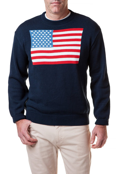 Crew Neck Sweater Navy with American Flag - Castaway Nantucket Island