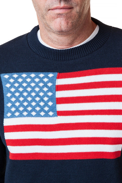 Crew Neck Sweater Navy with American Flag - Castaway Nantucket Island