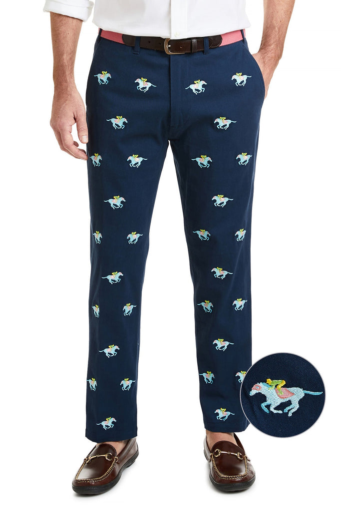 Castaway Mens Embroidered Twill Pants with Racing Horses - Derby