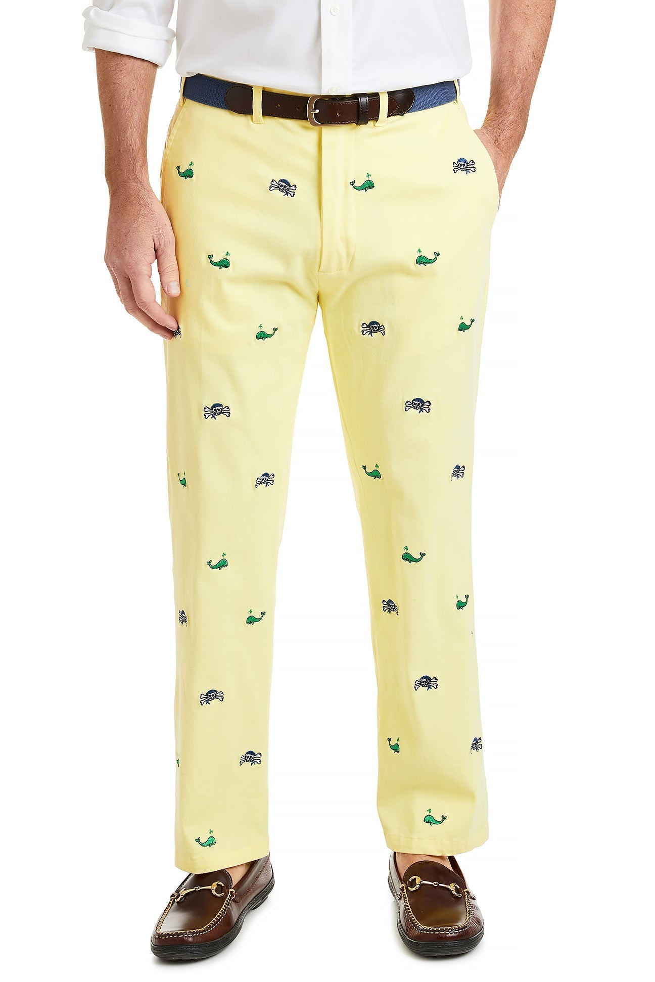 Harbor Pant Stretch Twill Neon Yellow with Whale and Jolly Roger